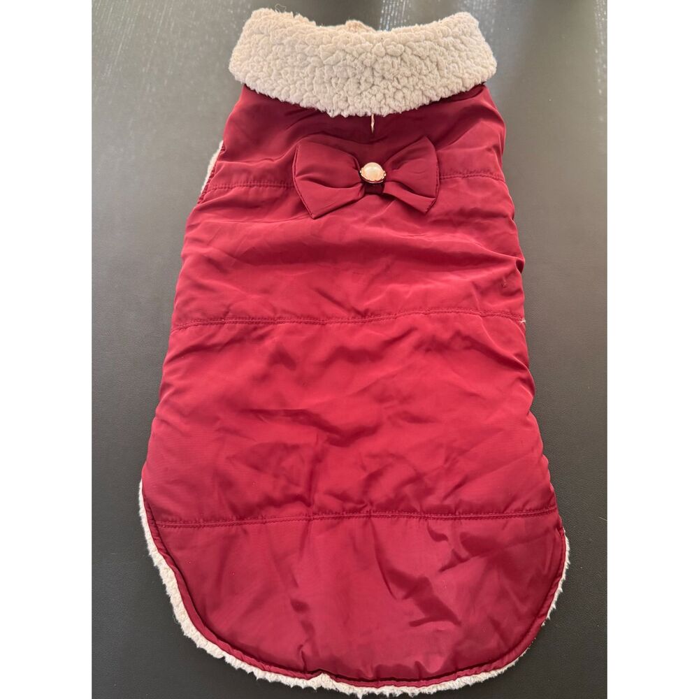 Burgundy Pet Supplies Plus Size XL Fleece Lined Dog Puffer Coat w Bow and Pearl